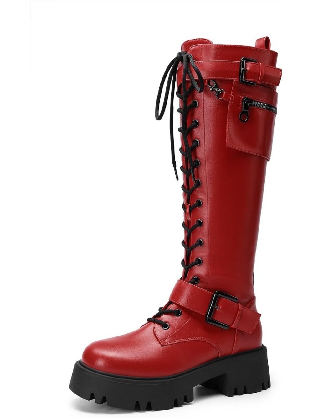 Women's Red Faux Leather Lace-up Inside Zipper Removable Pocket Knee High Boot